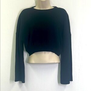 Lulus - Black Ribbed Crewneck Long Oversized Sleeves Crop Sweater Size XS